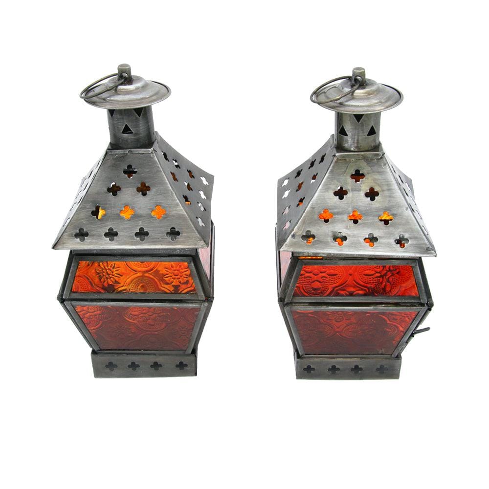 8" Antique Square Metal Lantern with Multicolor Glass Tea Light / Candle Stand (Pack of 2)
