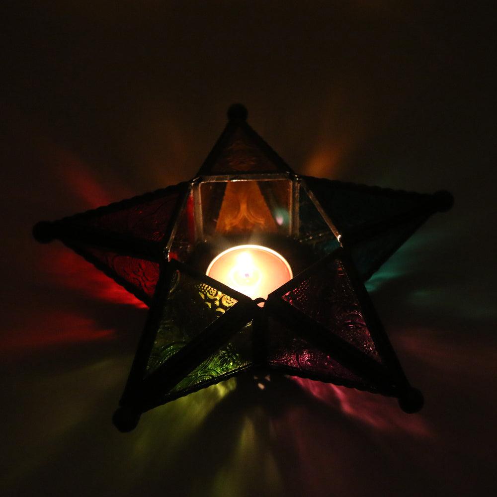 8" Antique Look Star Metal Lantern with Multicolor Glass Tea Light / Candle Stand (Pack of 2)