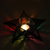8" Antique Look Star Metal Lantern with Multicolor Glass Tea Light / Candle Stand (Pack of 2)