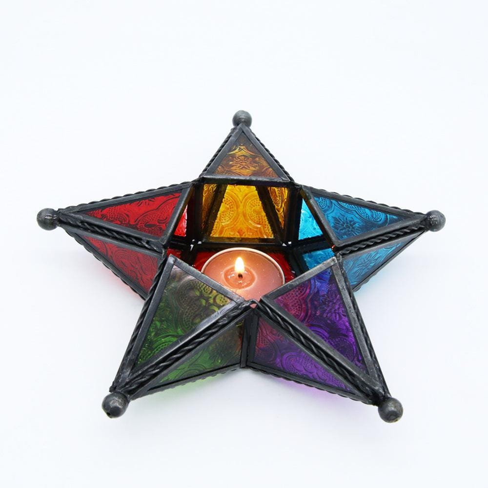 8" Antique Look Star Metal Lantern with Multicolor Glass Tea Light / Candle Stand (Pack of 2)