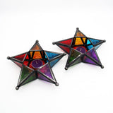 8" Antique Look Star Metal Lantern with Multicolor Glass Tea Light / Candle Stand (Pack of 2)