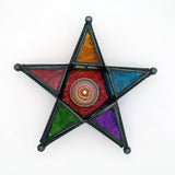 8" Antique Look Star Metal Lantern with Multicolor Glass Tea Light / Candle Stand (Pack of 2)