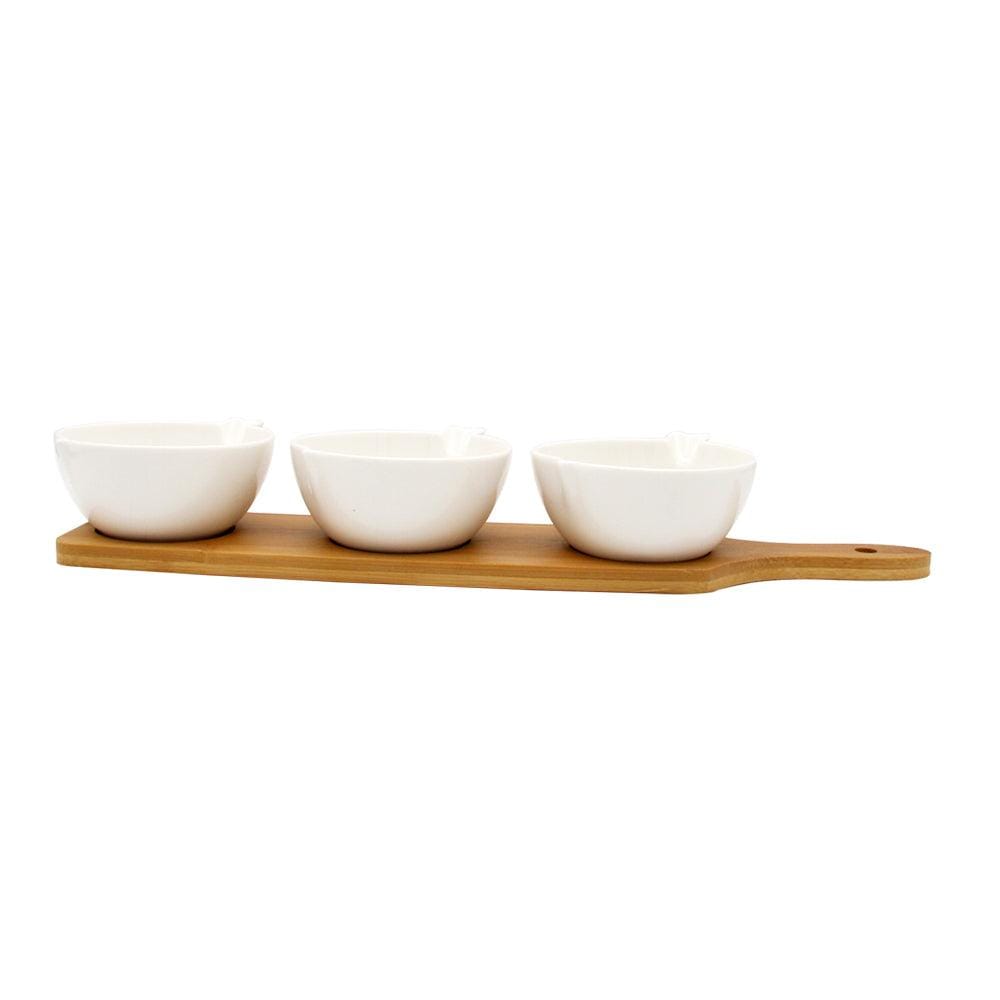 3 Apple Shaped Ceramic Bowls Serving Platter with Wooden Stand & Tray Set