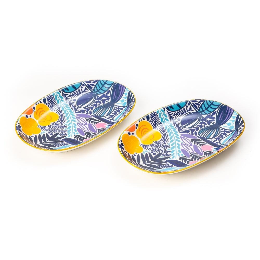 Artistic Colorful Blue 9.5 Inch Oval Ceramic Plate (Set of 2)