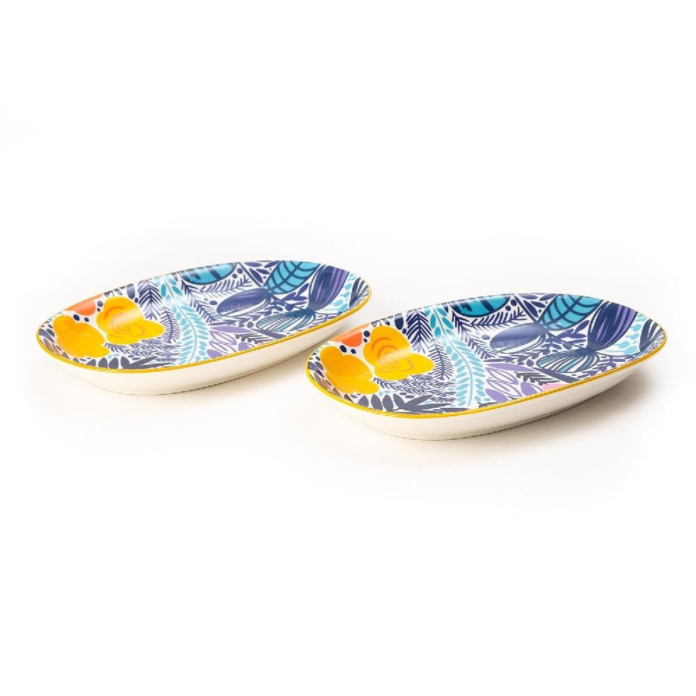 Artistic Colorful Blue 9.5 Inch Oval Ceramic Plate (Set of 2)