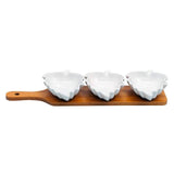 3 Classy Flower Shaped Ceramic Bowls Serving Platter with Wooden Tray Set