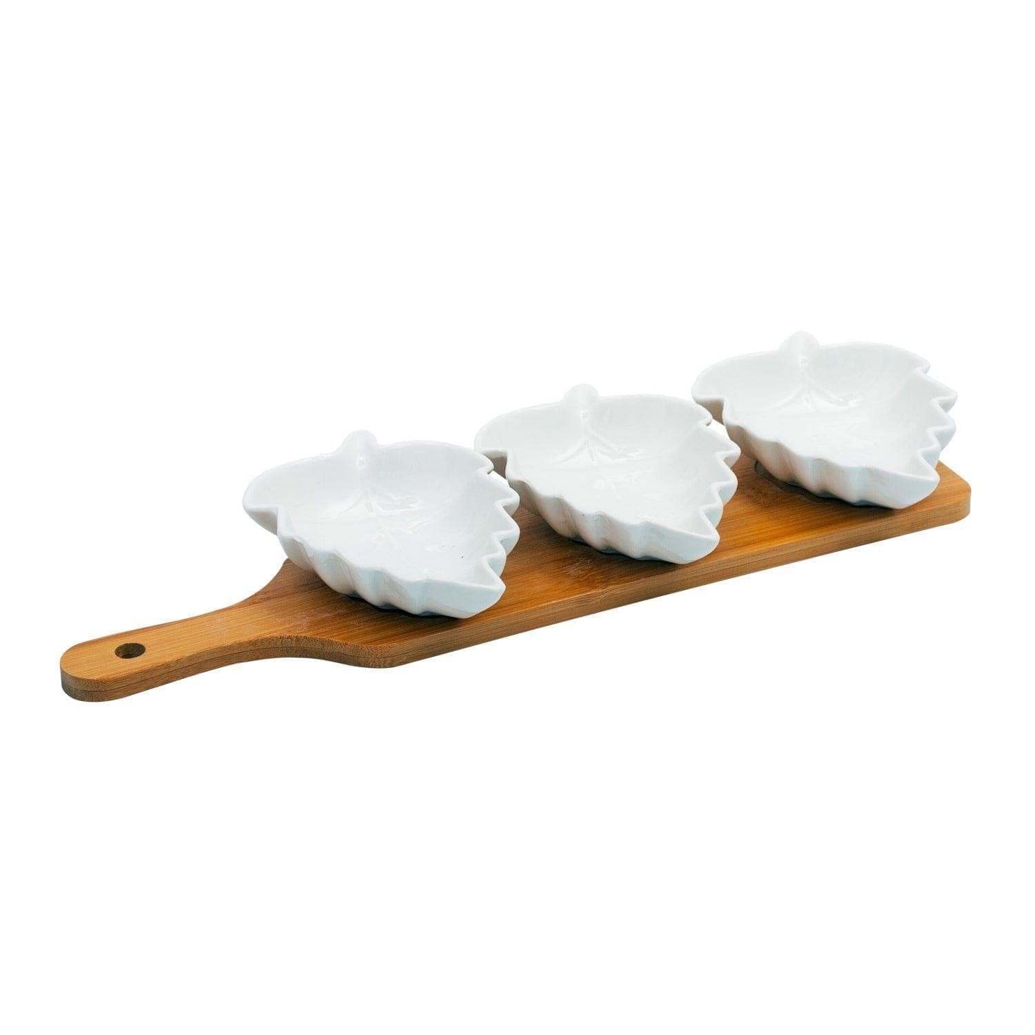 3 Classy Flower Shaped Ceramic Bowls Serving Platter with Wooden Tray Set