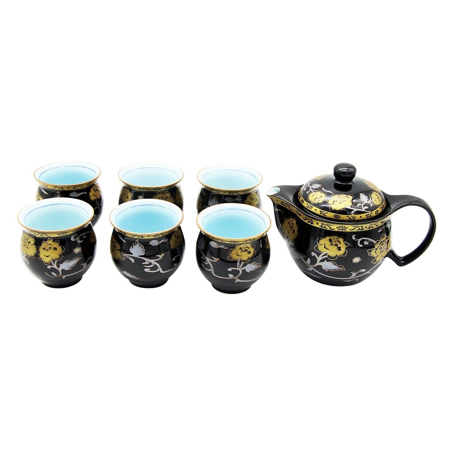 Elegant Gold Flowers on Black Ceramic Tea Pot with SS Infuser & 6 Cups Set in Gift Box