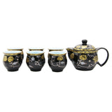 Elegant Gold Flowers on Black Ceramic Tea Pot with SS Infuser & 6 Cups Set in Gift Box