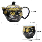 Elegant Gold Flowers on Black Ceramic Tea Pot with SS Infuser & 6 Cups Set in Gift Box