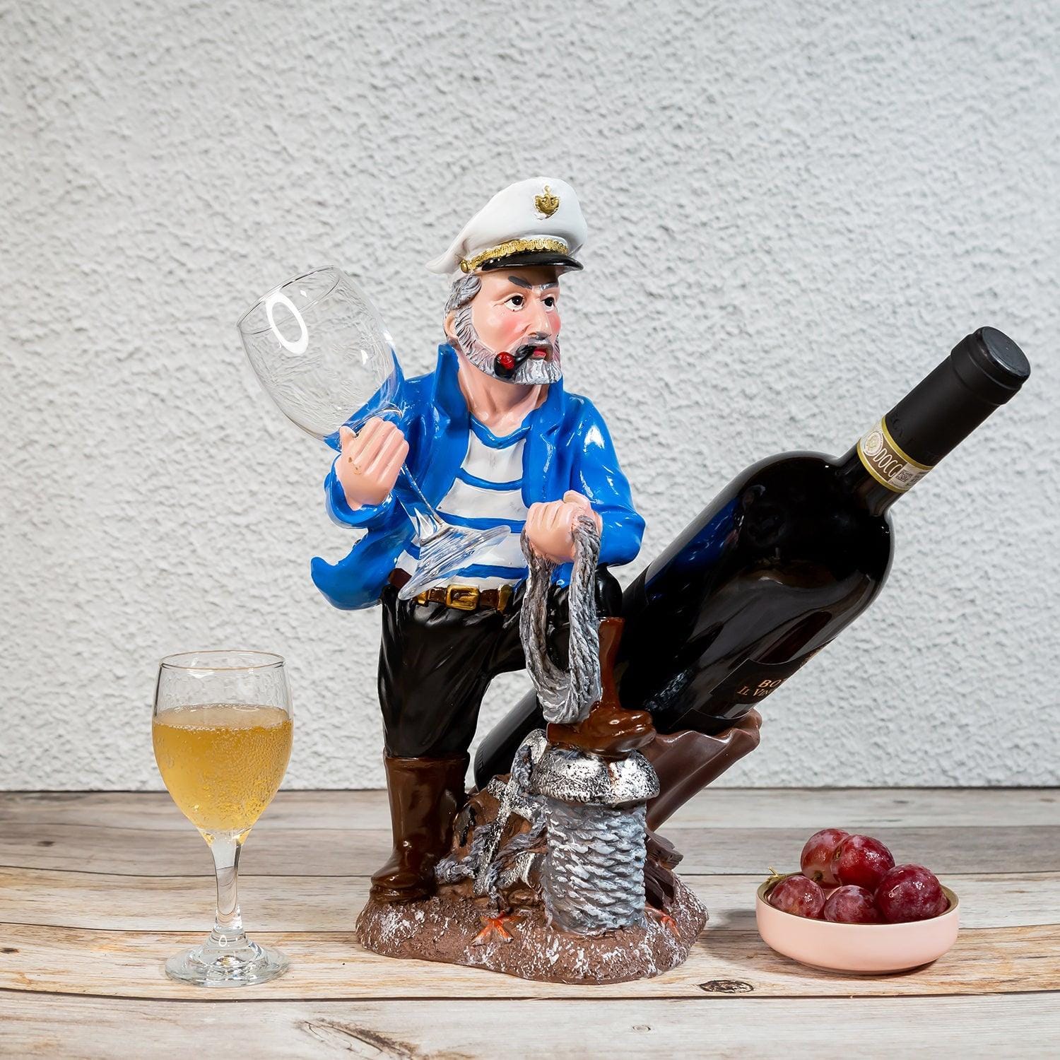 Nautical Sailor Figurine Resin Bottle Holder with 1 Wine Glass Set (Dredger - White Coat)