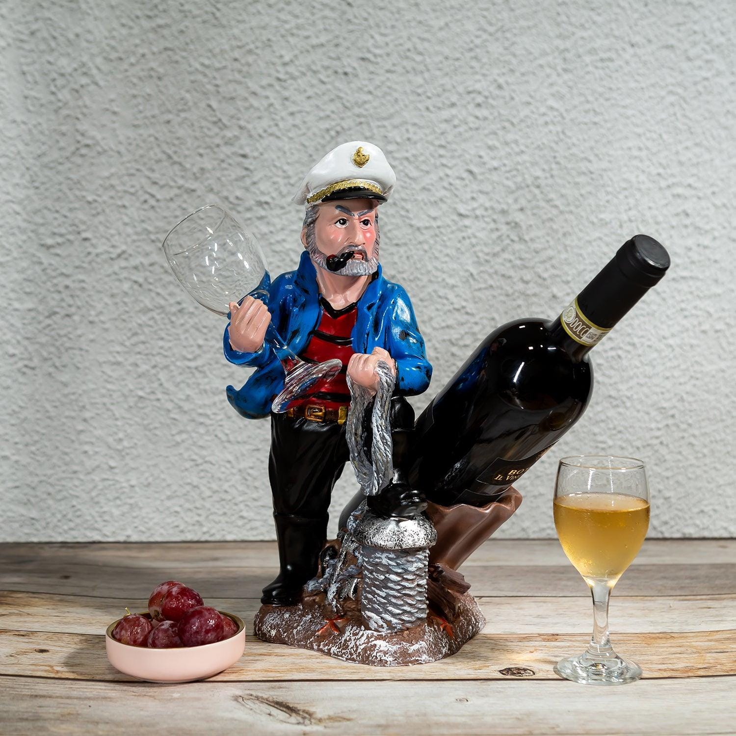 Nautical Sailor Figurine Resin Bottle Holder with 1 Wine Glass Set (Dredger - Blue Coat)