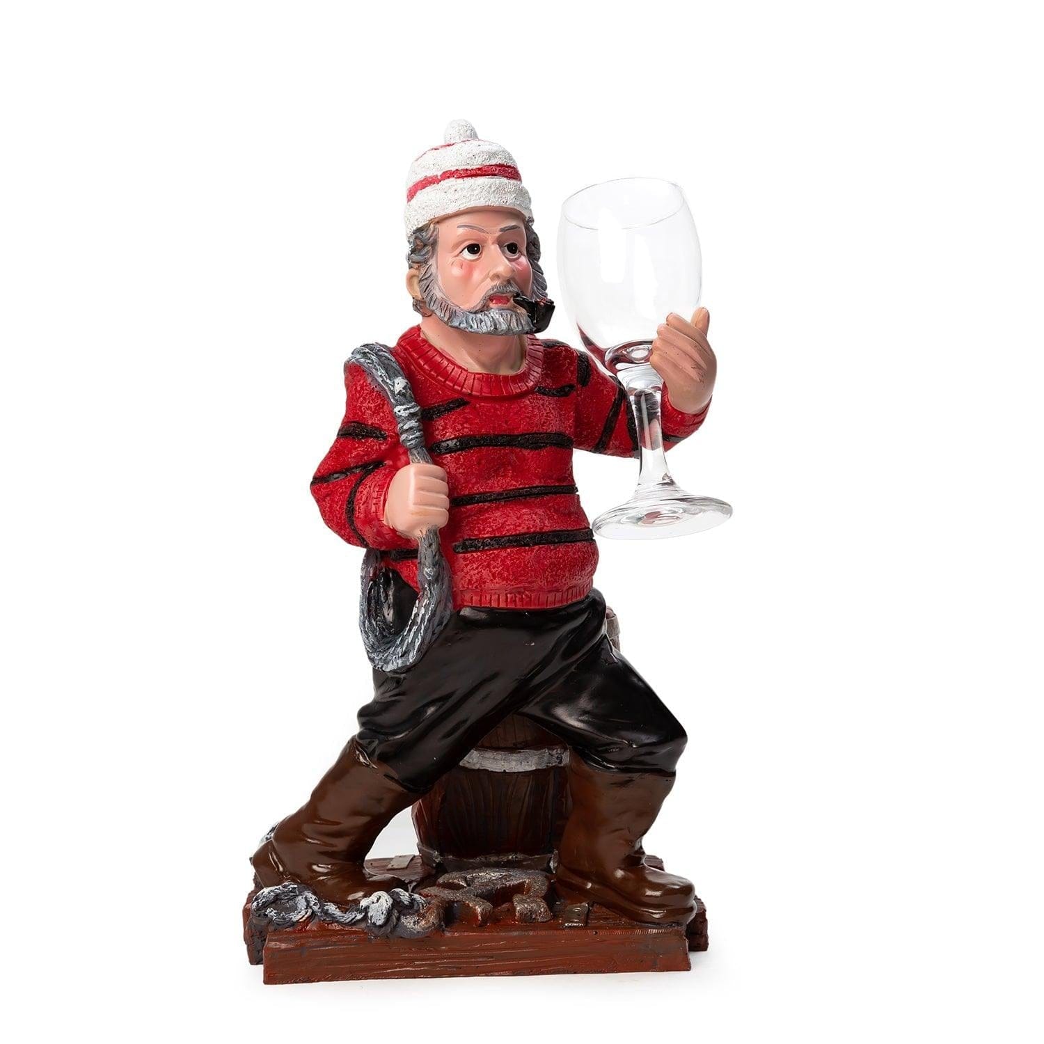 Nautical Winter Sailor Figurine Resin Bottle Holder with 1 Wine Glass Set (Red Shirt)