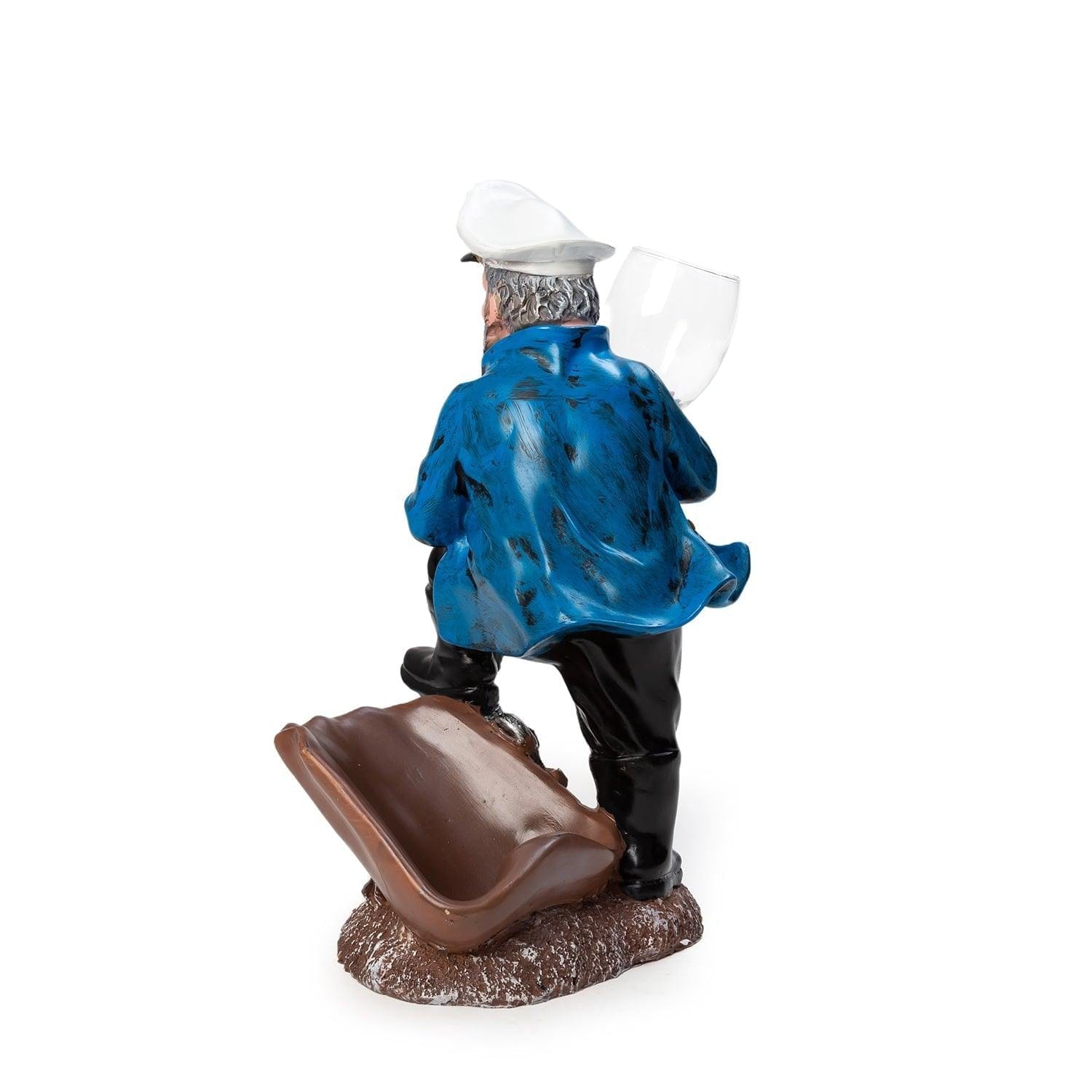 Nautical Sailor Figurine Resin Bottle Holder with 1 Wine Glass Set (Dredger - Blue Coat)