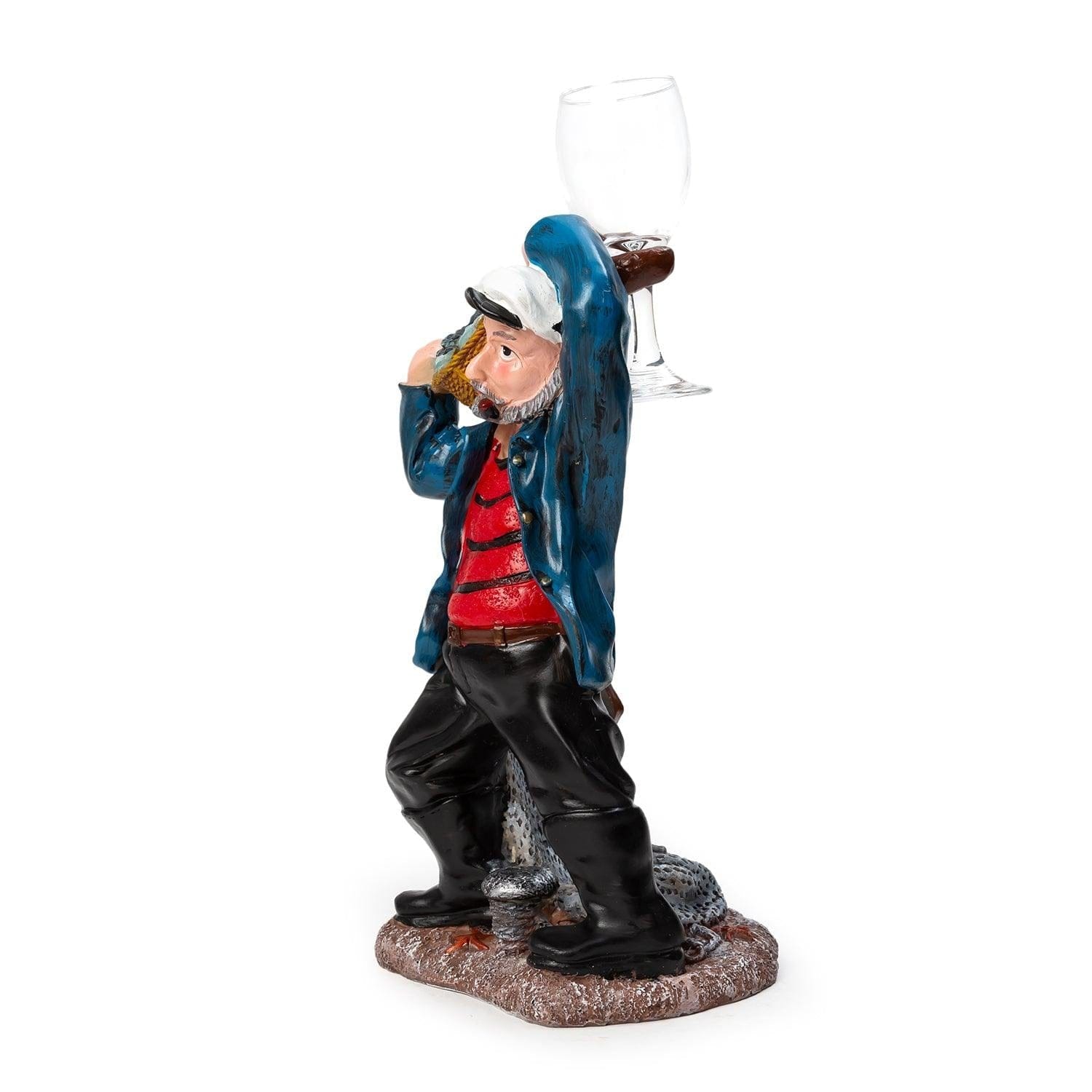 Nautical Sailor Figurine Resin Bottle Holder with 1 Wine Glass Set (Laundry - Red Shirt)