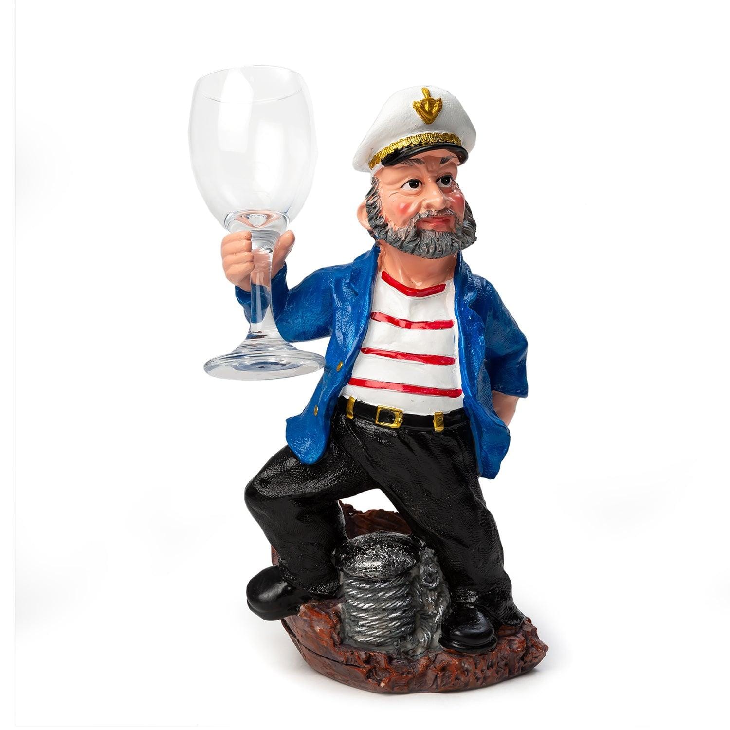 Nautical Sailor Figurine Resin Bottle Holder with 1 Glass Set (Blue Coat)