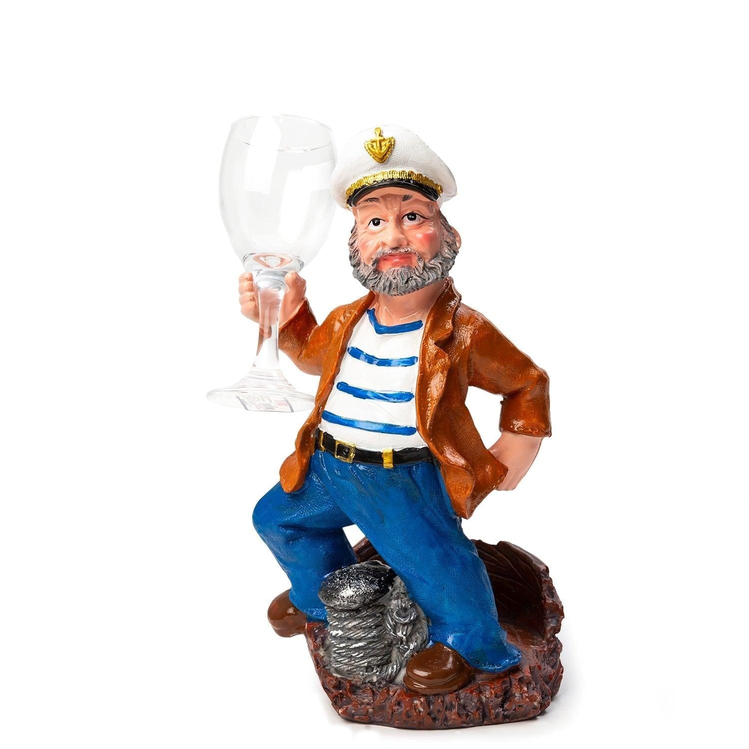 Nautical Sailor Figurine Resin Bottle Holder with 1 Glass Set (Brown Coat)