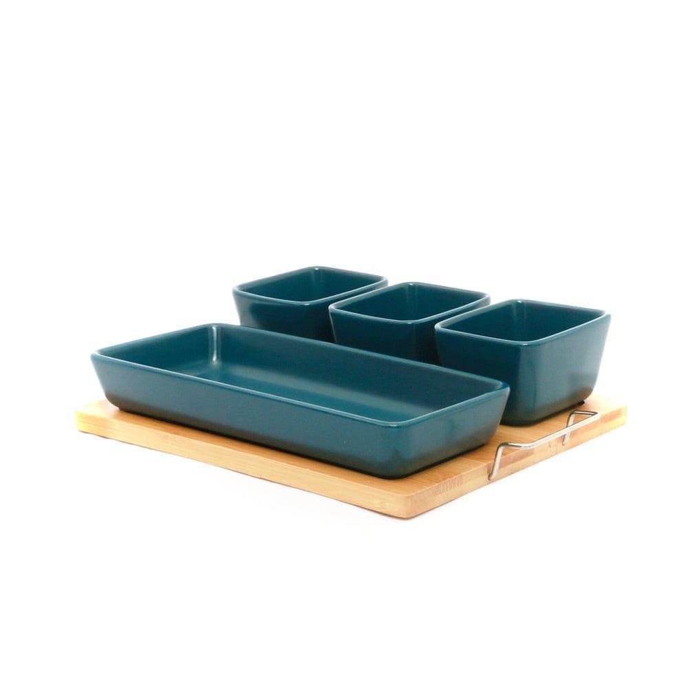 1 Big + 3 Small Ceramic Blue Bowls Serveware Set on Wooden Tray