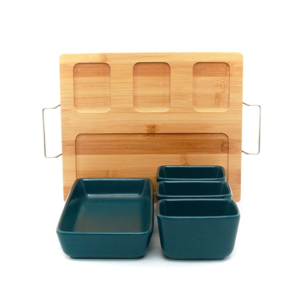1 Big + 3 Small Ceramic Blue Bowls Serveware Set on Wooden Tray
