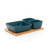 1 Big + 2 Small Ceramic Blue Bowls Serveware Set on Wooden Tray