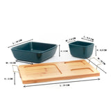 1 Big + 2 Small Ceramic Blue Bowls Serveware Set on Wooden Tray