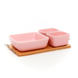 1 Big + 2 Small Ceramic Pink Bowls Serveware Set on Wooden Tray