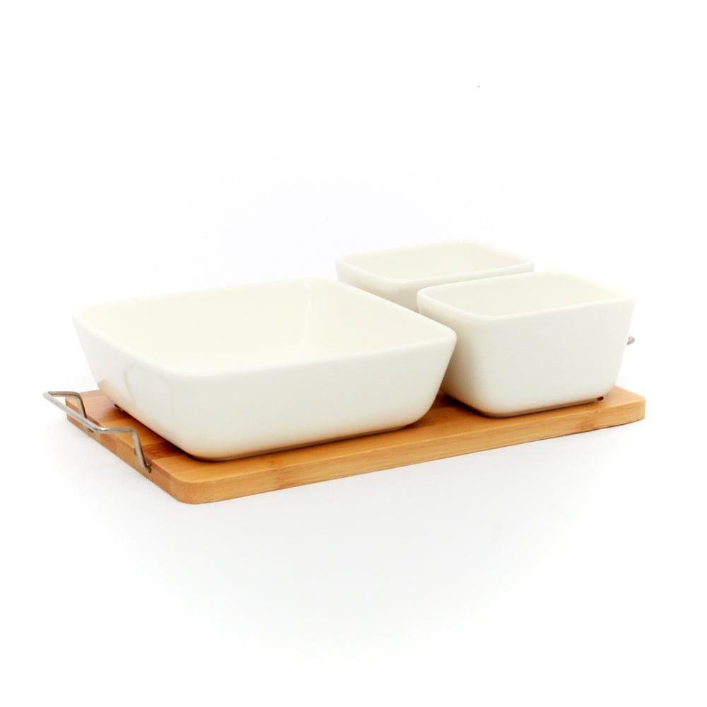 1 Big + 2 Small Ceramic White Bowls Serveware Set on Wooden Tray