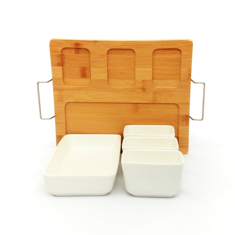 1 Big + 3 Small Ceramic White Bowls Serveware Set on Wooden Tray