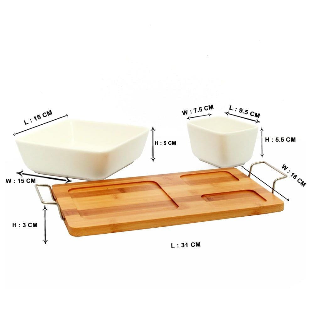 1 Big + 2 Small Ceramic White Bowls Serveware Set on Wooden Tray