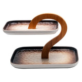 2 Tier Brown & White Ceramic Elegant Q Serving Platter with Wooden Handle