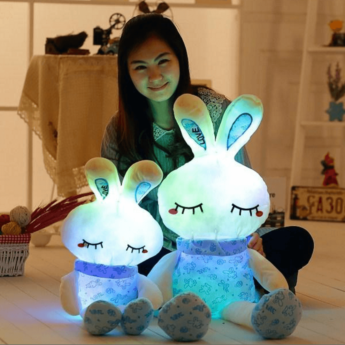 Illuminating 7 Color LED Light Bunny Plush Pillow (Blue)