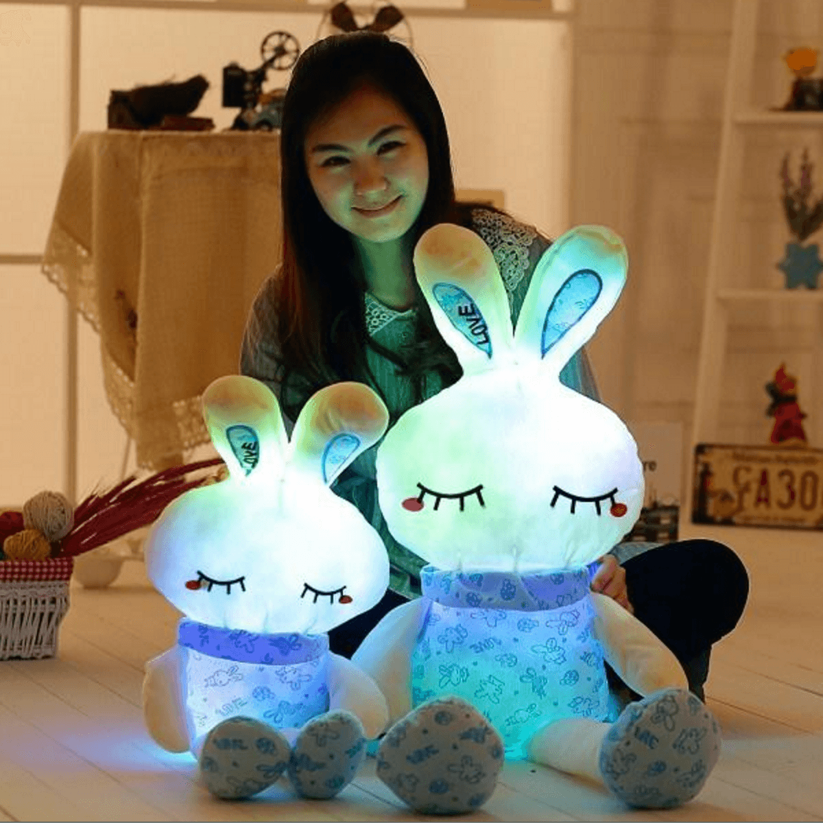 Illuminating 7 Color LED Light Bunny Plush Pillow Blue EZ Life