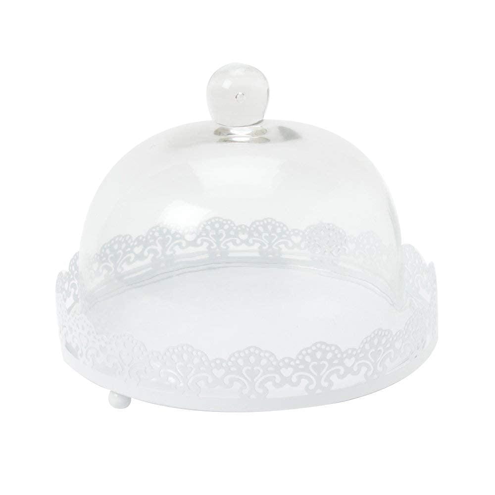 White Filigree Metal Cake & Dessert Stand with Glass Dome