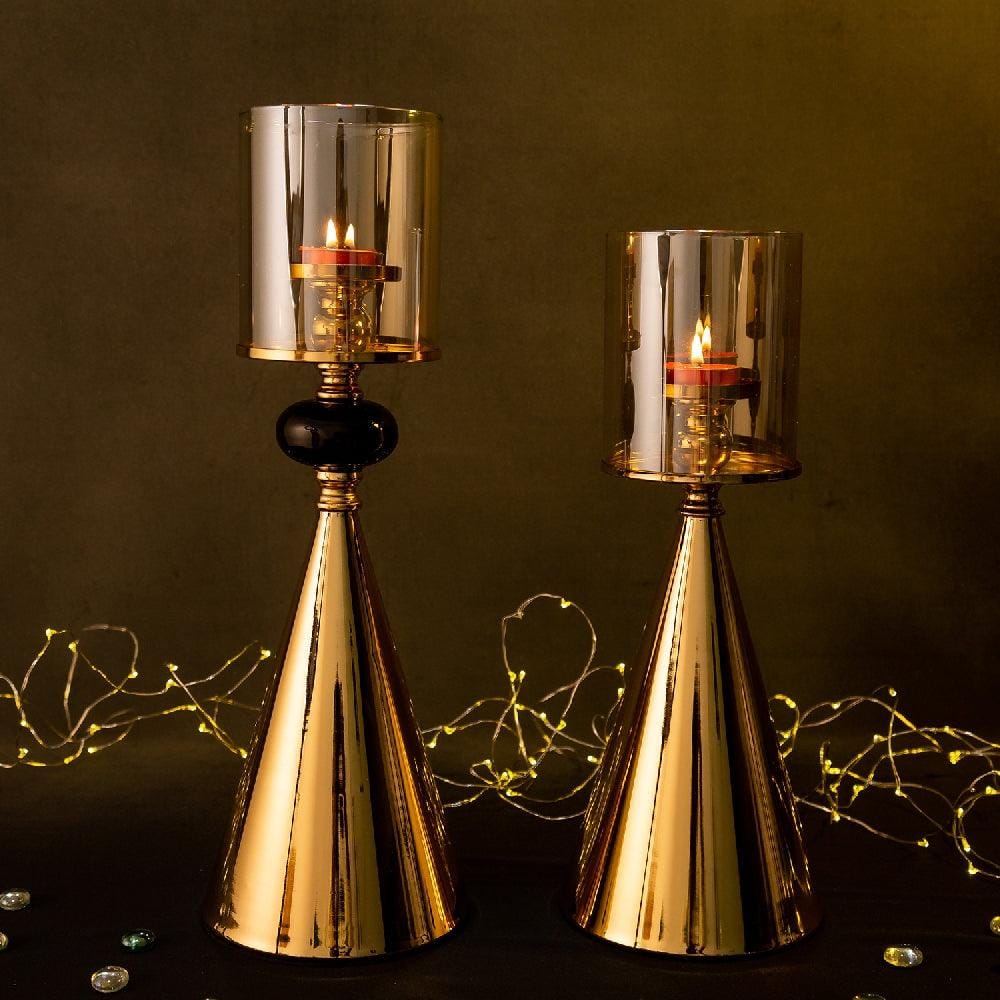 Brass Cone Metal & Black Stone Candle Stand Set (Set of 2) (Glass Candle Shades Not Included)