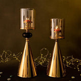 Brass Cone Metal & Black Stone Candle Stand Set (Set of 2) (Glass Candle Shades Not Included)