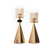 Brass Cone Metal & Black Stone Candle Stand Set (Set of 2) (Glass Candle Shades Not Included)