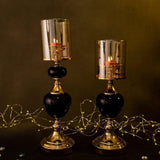 Sylvia Metal & Black Stone Candle Stand Set with Champagne Glass Hurricane Candle Shades (2 Incremental Size Set)