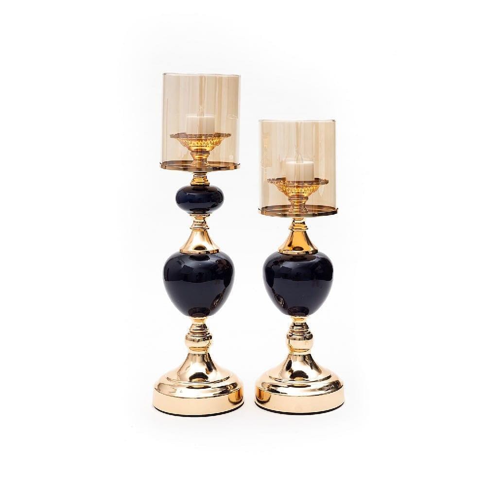 Sylvia Metal & Black Stone Candle Stand Set with Champagne Glass Hurricane Candle Shades (2 Incremental Size Set)