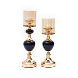 Sylvia Metal & Black Stone Candle Stand Set with Champagne Glass Hurricane Candle Shades (2 Incremental Size Set)