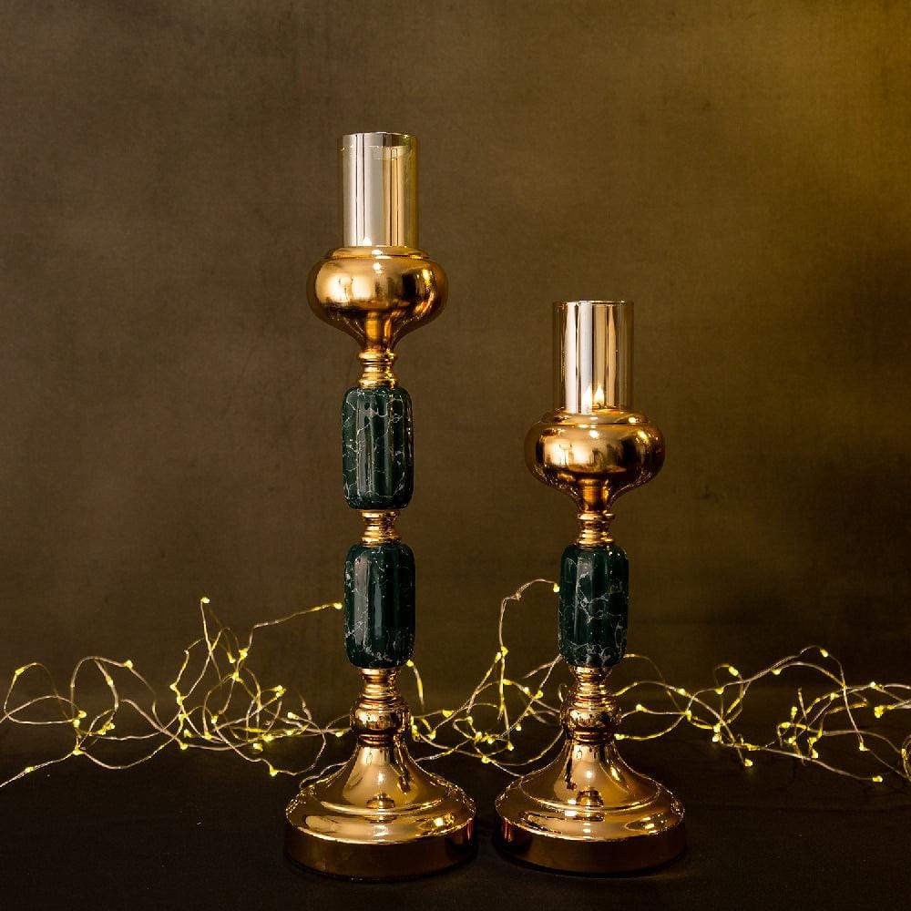 Oranmental Metal & Green Jade Stone Candle Stand Set (3 Incremental Size Set) (Glass Candle Shades Not Included)