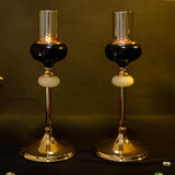 Elegant Brass Metal & Round Black Stone Candle Stand with Glass Candle Shade (Set of 2)