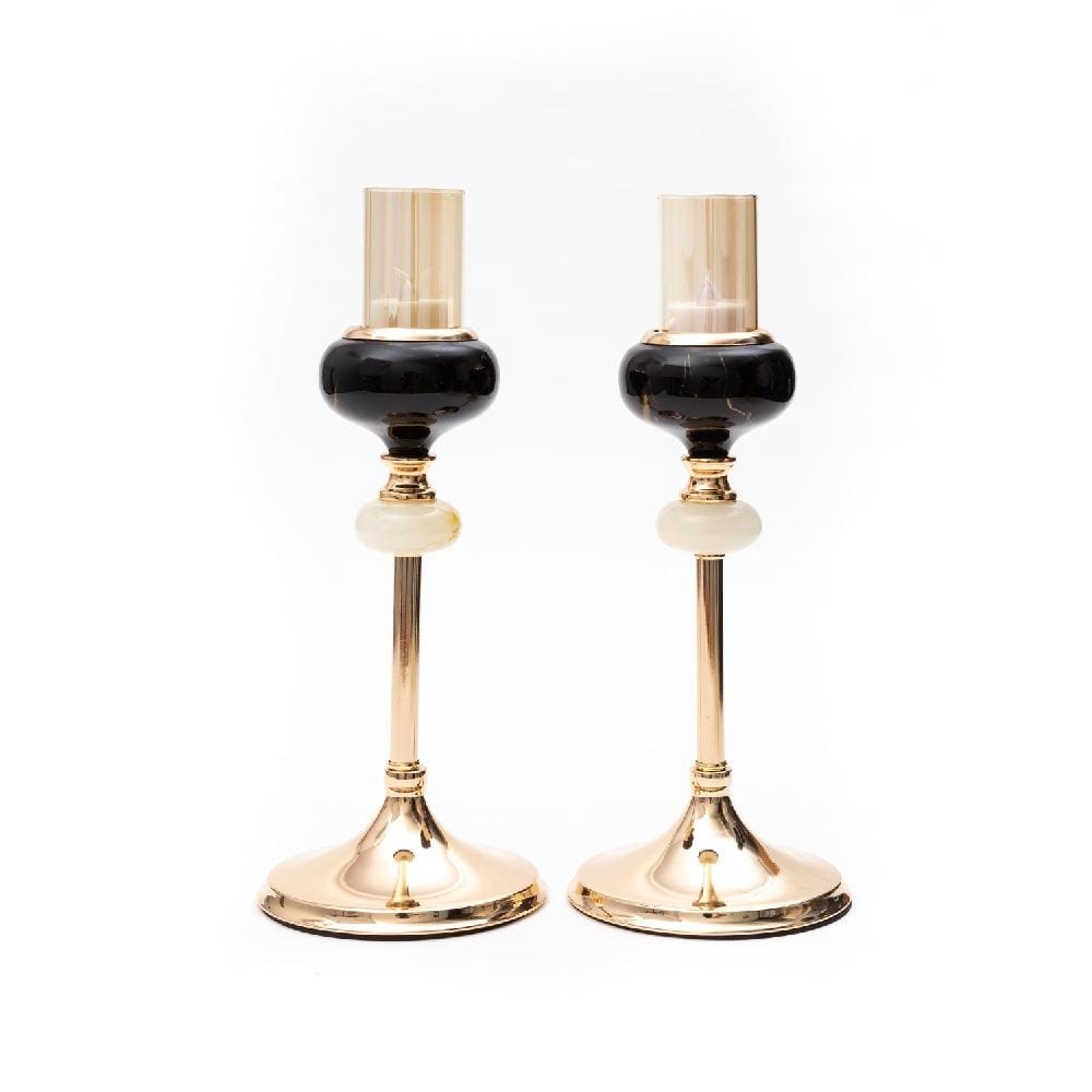 Elegant Brass Metal & Round Black Stone Candle Stand with Glass Candle Shade (Set of 2)