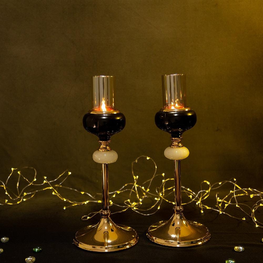 Elegant Brass Metal & Round Black Stone Candle Stand with Glass Candle Shade (Set of 2)