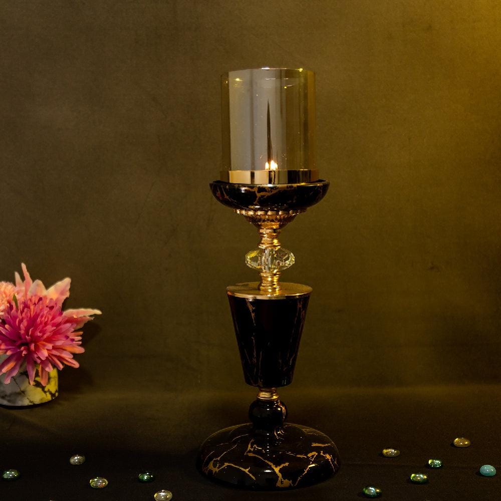 Maestoso Metal & Black Stone Candle Stand with Glass Hurricane Candle Shades