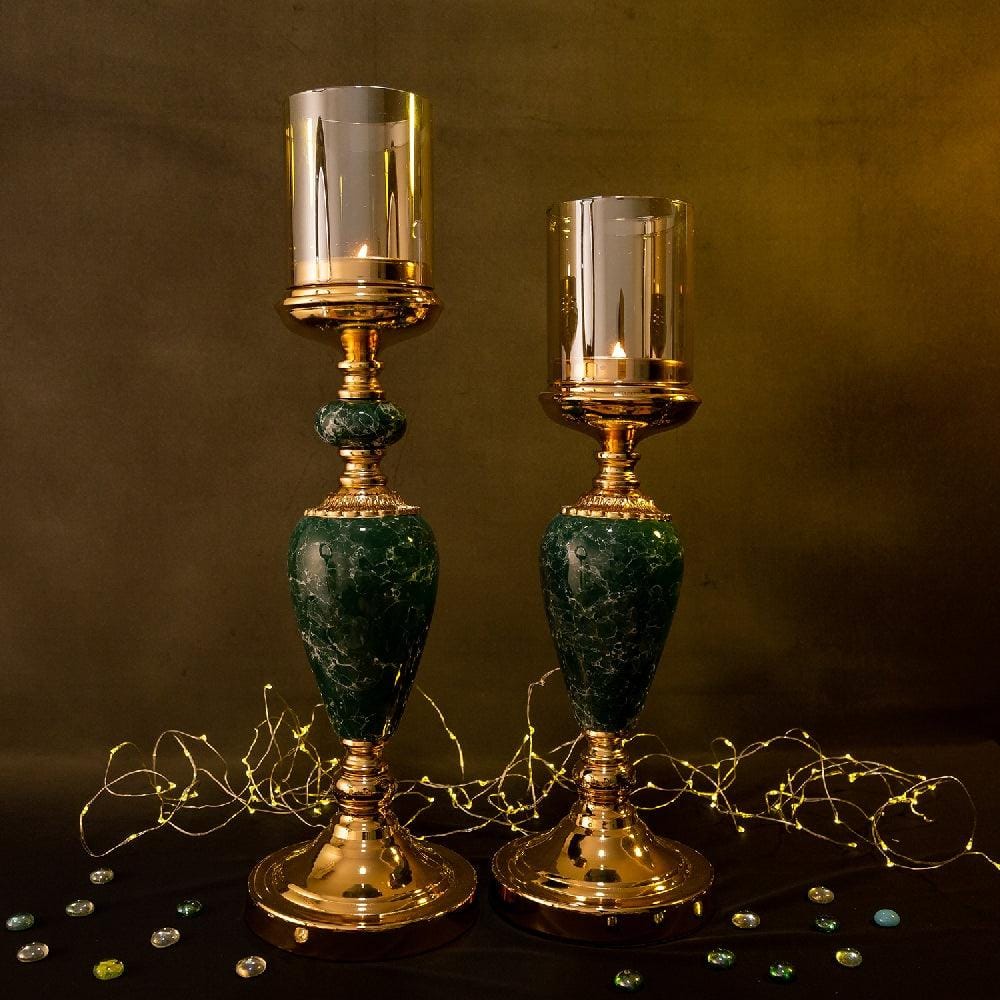 Aqua Metal & Green Love Stone Candle Stand Set (2 Incremental Size Set) (Glass Candle Shades Not Included)