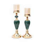 Aqua Metal & Green Love Stone Candle Stand Set (2 Incremental Size Set) (Glass Candle Shades Not Included)