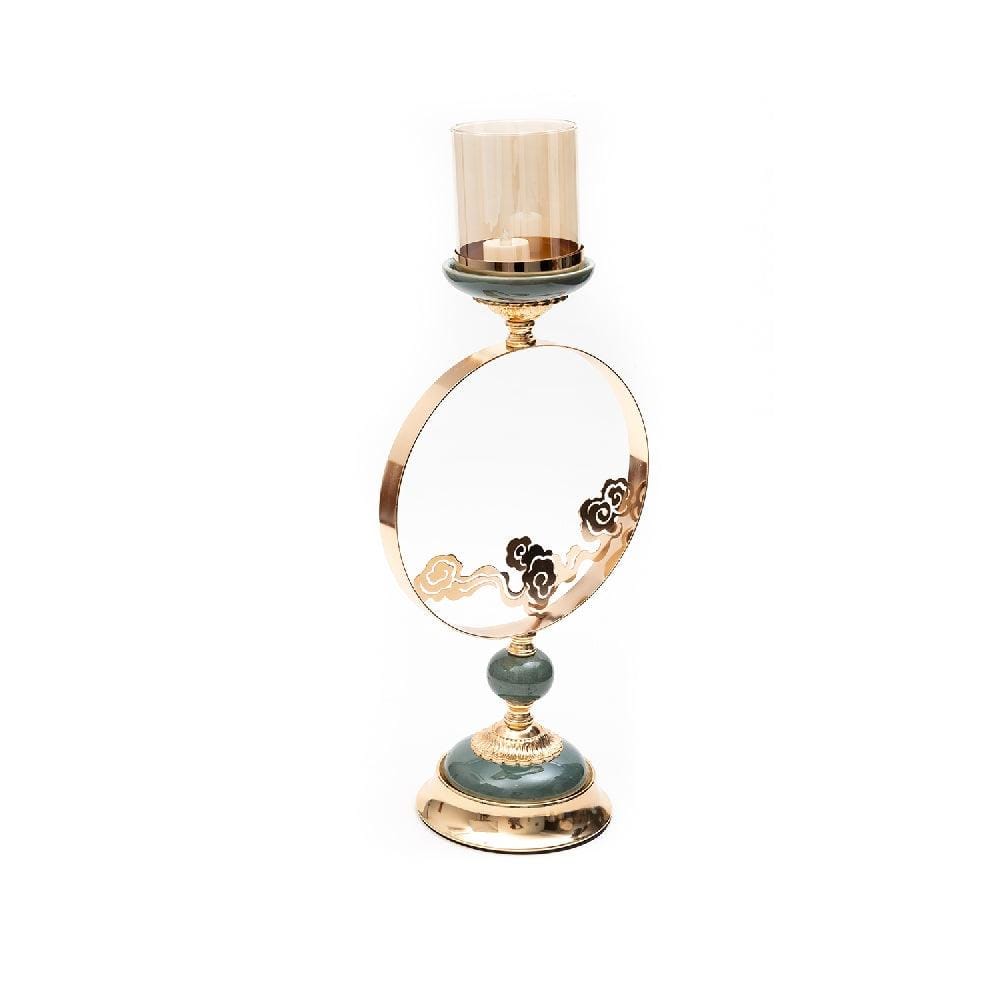 Chique Ringed Metal & Green Love Stone Candle Stand with Glass Candle Shade