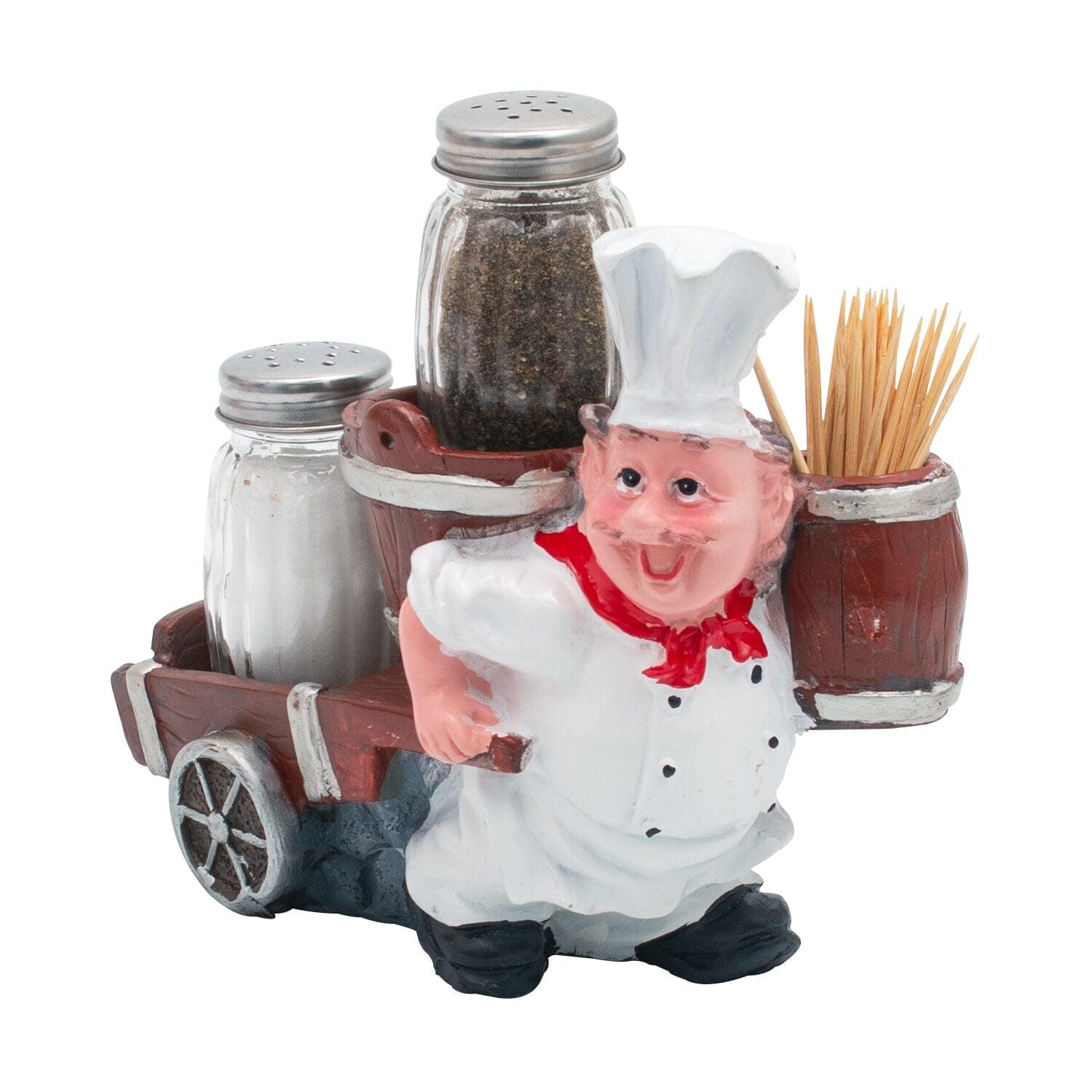 Foodie Chef Figurine Resin Salt & Pepper Shakers with Toothpick Holder Set (Cart on Back)