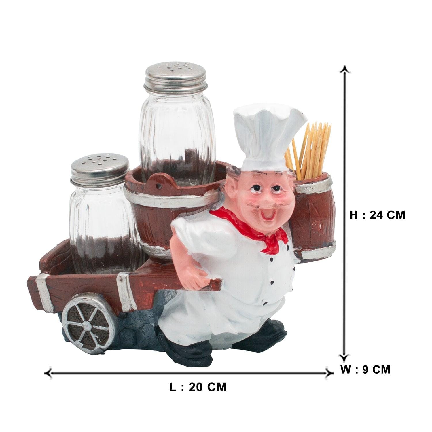 Foodie Chef Figurine Resin Salt & Pepper Shakers with Toothpick Holder Set (Cart on Back)