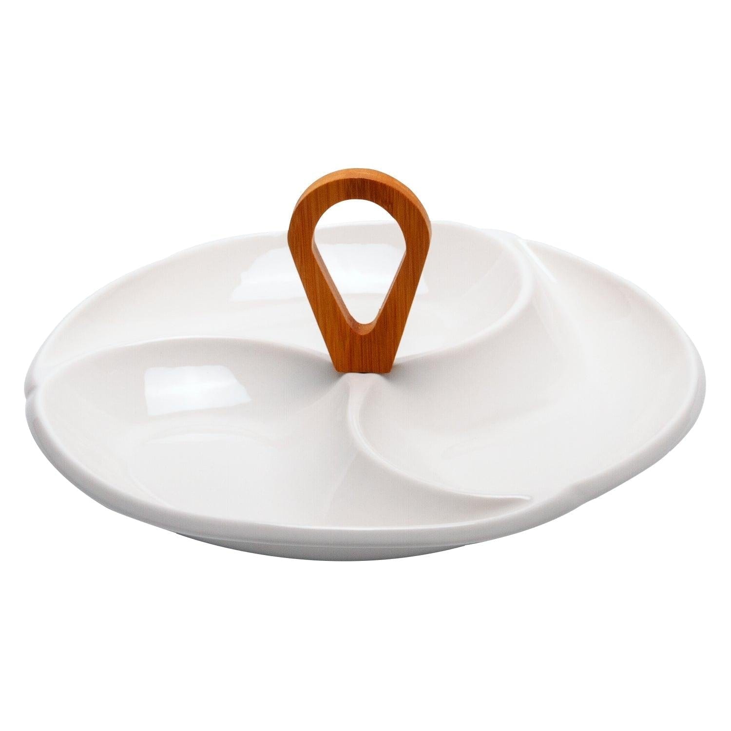 3 Compartment Ceramic & Wood Swirls Platter with Wooden Handle